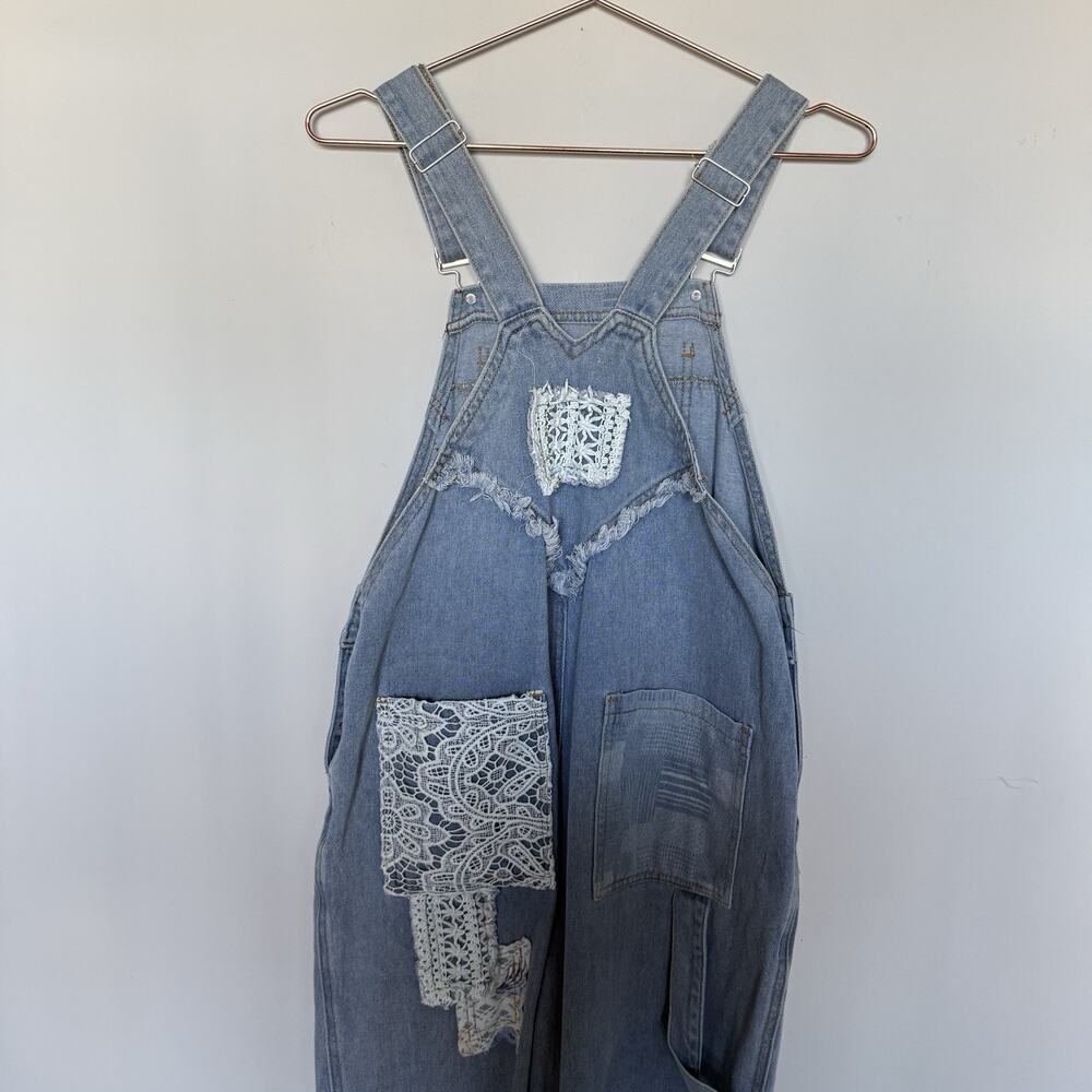 POL Womens Lace Patchwork Wide Leg Denim Overalls Small Cottagecore Bohemian - Picture 8 of 11